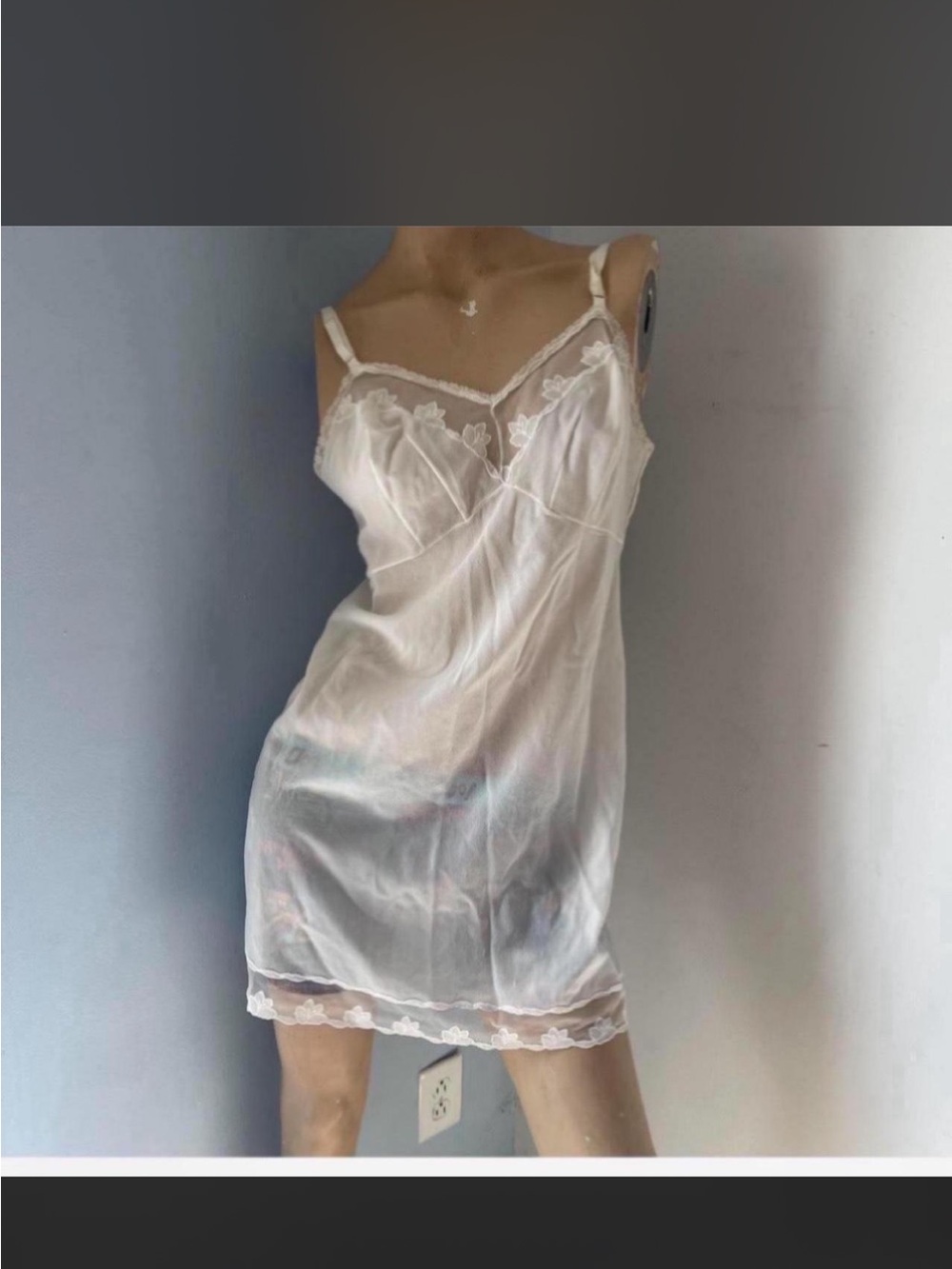 Sheer Lace Trim Slip Dress - White